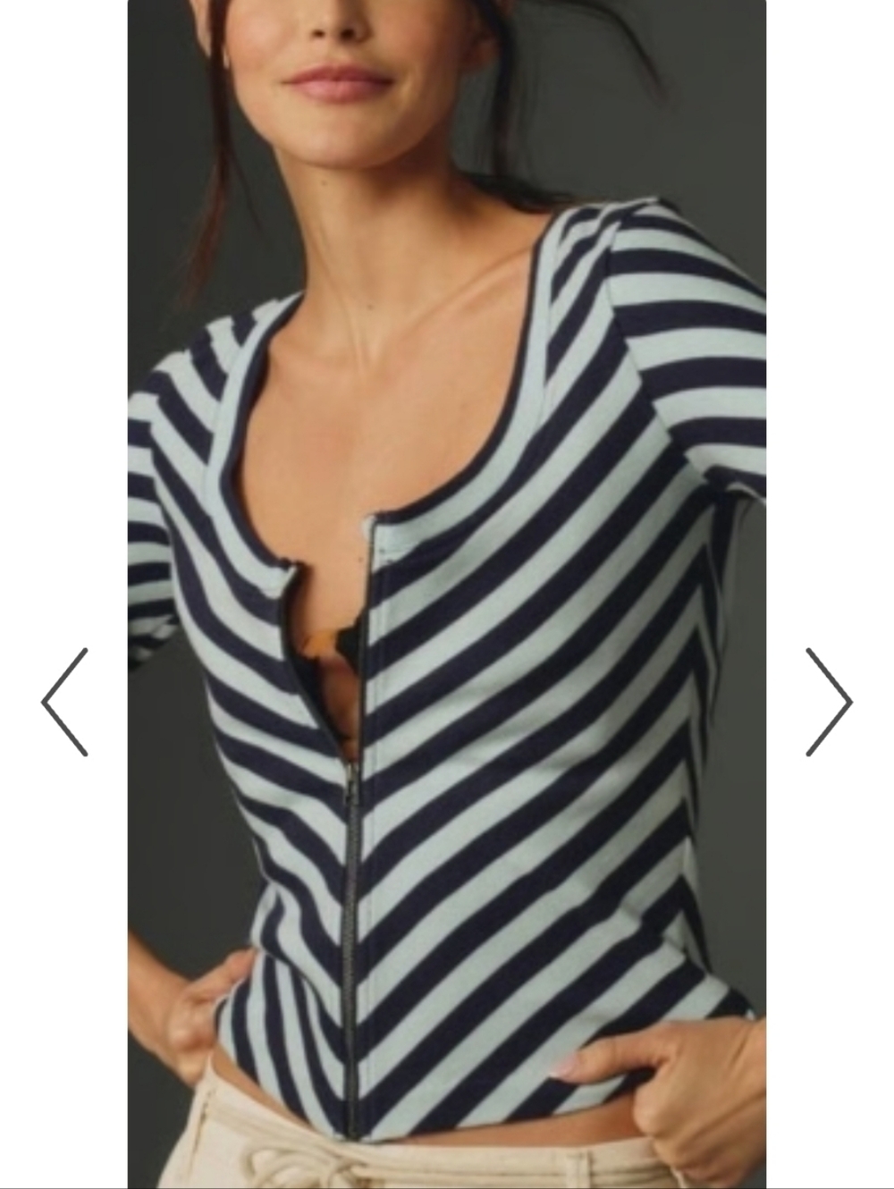 Maeve Anthropolgie Striped Zip-Front Scoop Neck Top in Light Blue and Navy